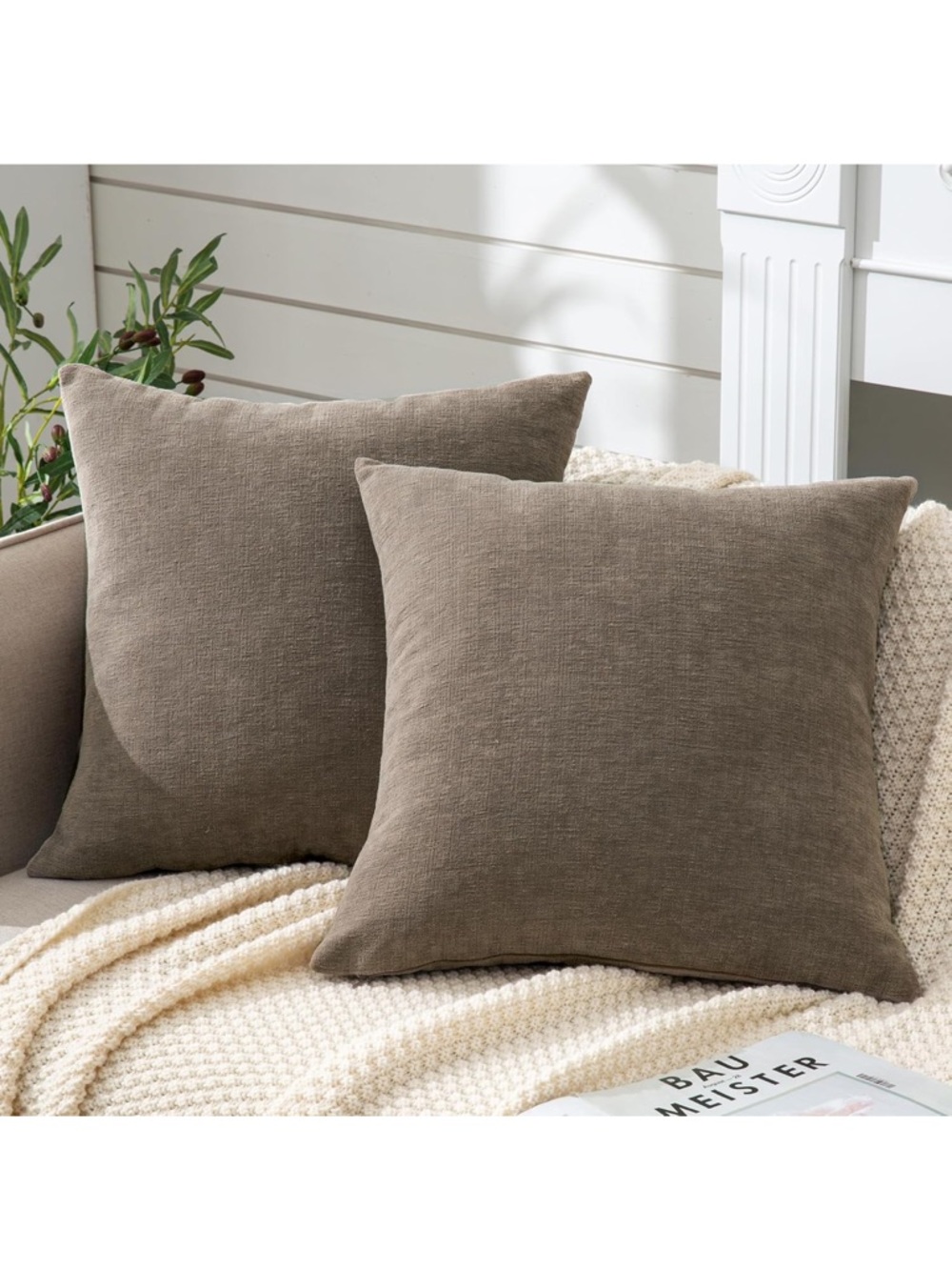 Taupe Decorative Throw Pillow - Soft Linen Look Accent Cushion (Set of 2)